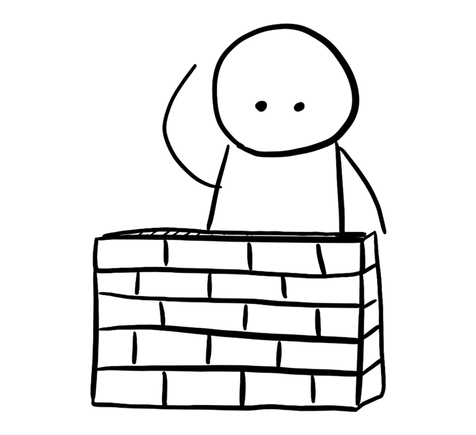 Hand-drawn character waving from behind a brick wall.