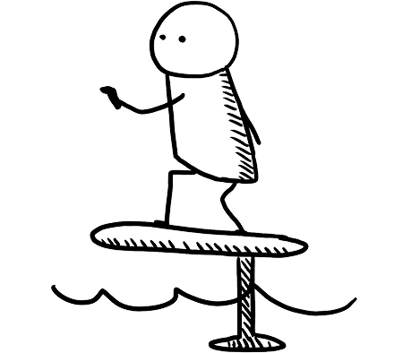 Hand-drawn character riding a hydrofoil board over waves.