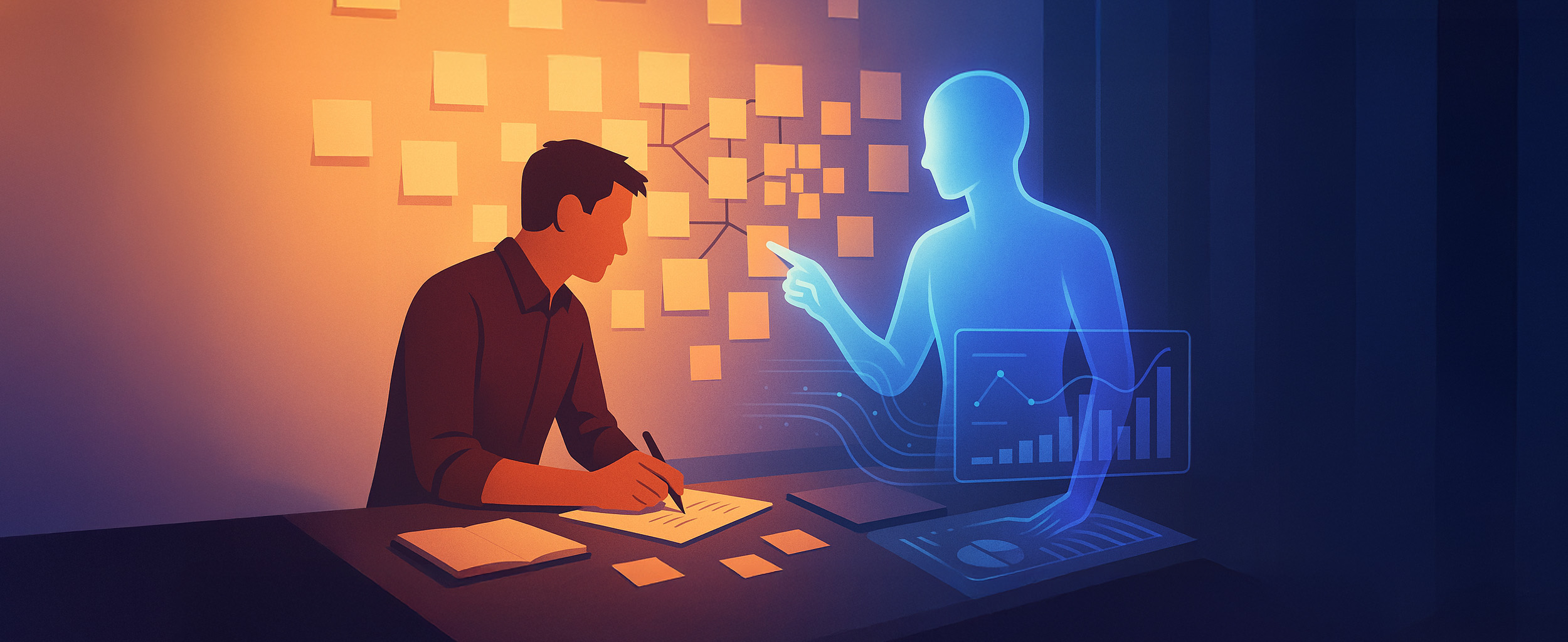 Illustration of a man working at a desk beside a glowing digital figure made of data.