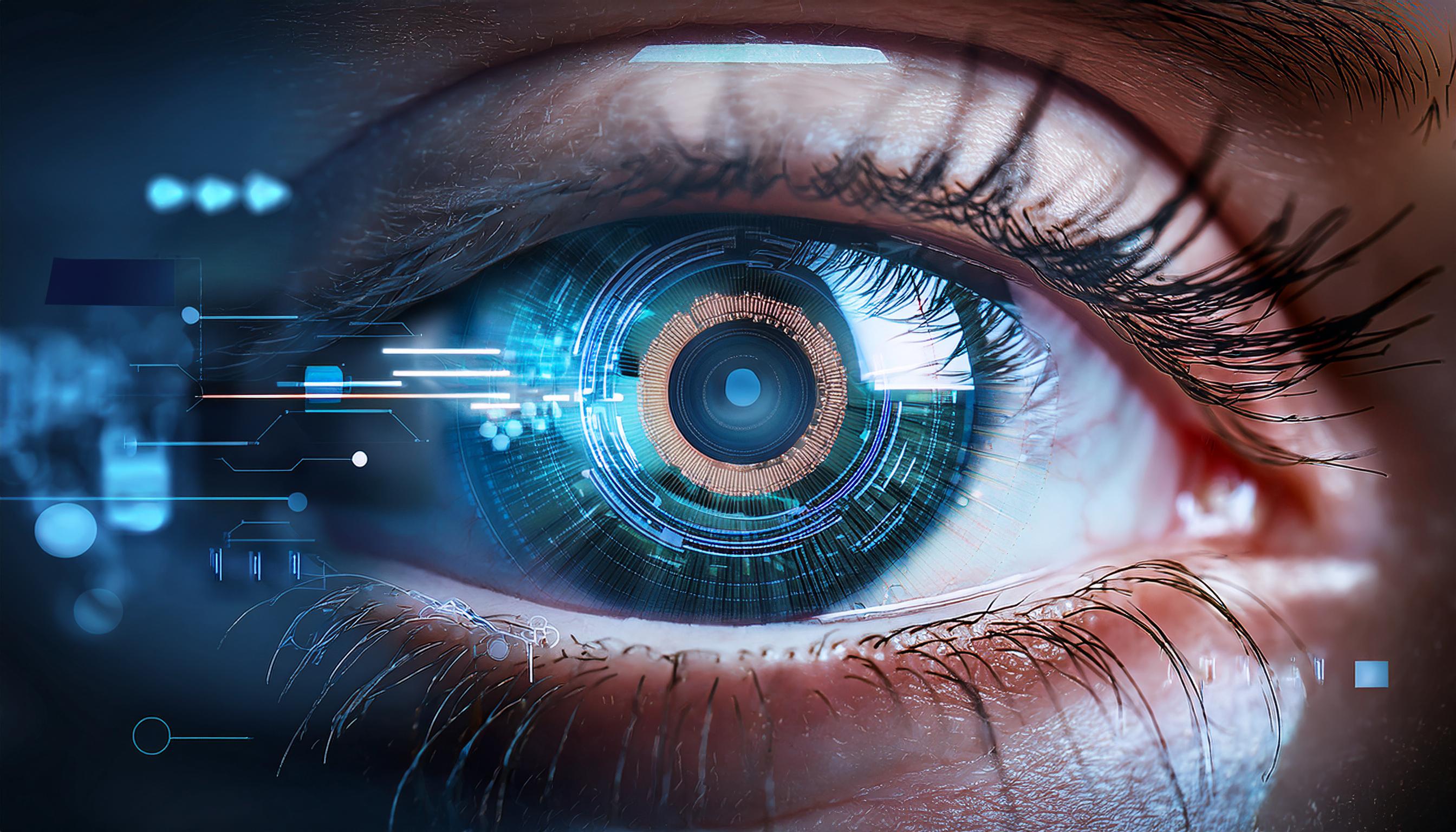 Close-up of a human eye with a digital interface overlay.