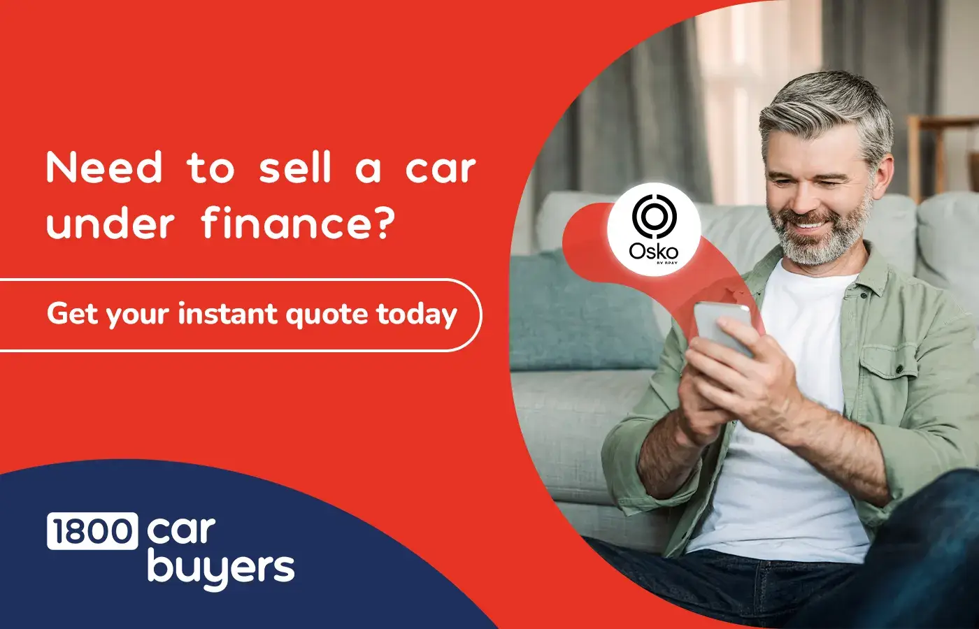 Man smiling while using his phone with text promoting instant quotes for selling a car under finance from 1800 Car Buyers.