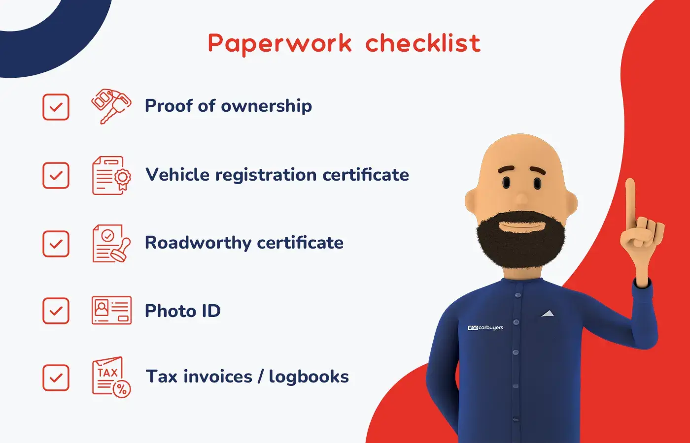 Paperwork checklist for selling a company car showing proof of ownership, registration certificate, roadworthy certificate, photo ID, and tax invoices or logbooks alongside a cartoon character pointing upward.