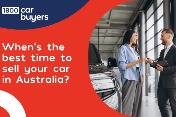 A woman hands car keys to a smiling salesperson inside a dealership. The image appears beside bold text asking when the best time to sell a car in Australia.