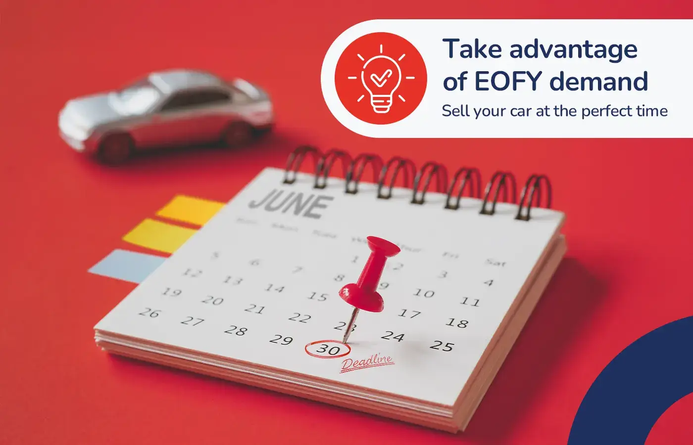 A desk calendar open to June with a red pushpin marking the 30th as a deadline. A toy car sits in the background. A banner reads take advantage of EOFY demand. Sell your car at the perfect time.