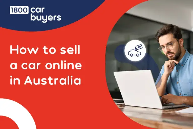 Man working on a laptop while researching how to sell a car online in Australia, with the 1800 Car Buyers logo and a car sale icon on a red and blue graphic background.