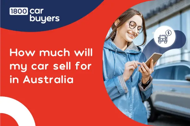 Woman checking her phone for a car valuation, with text asking how much a car will sell for in Australia.