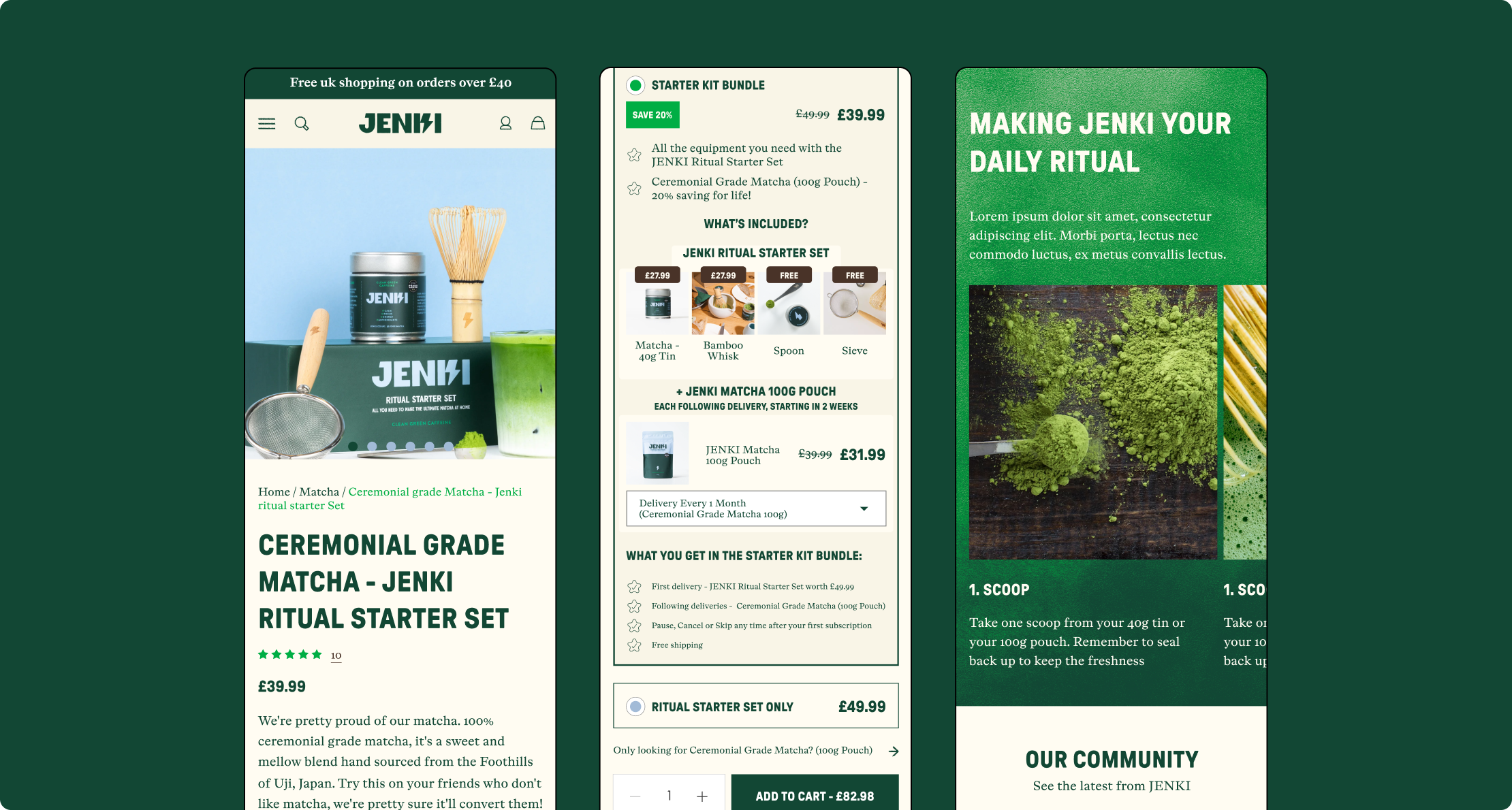 JENKI mobile product pages for the ceremonial grade matcha starter set