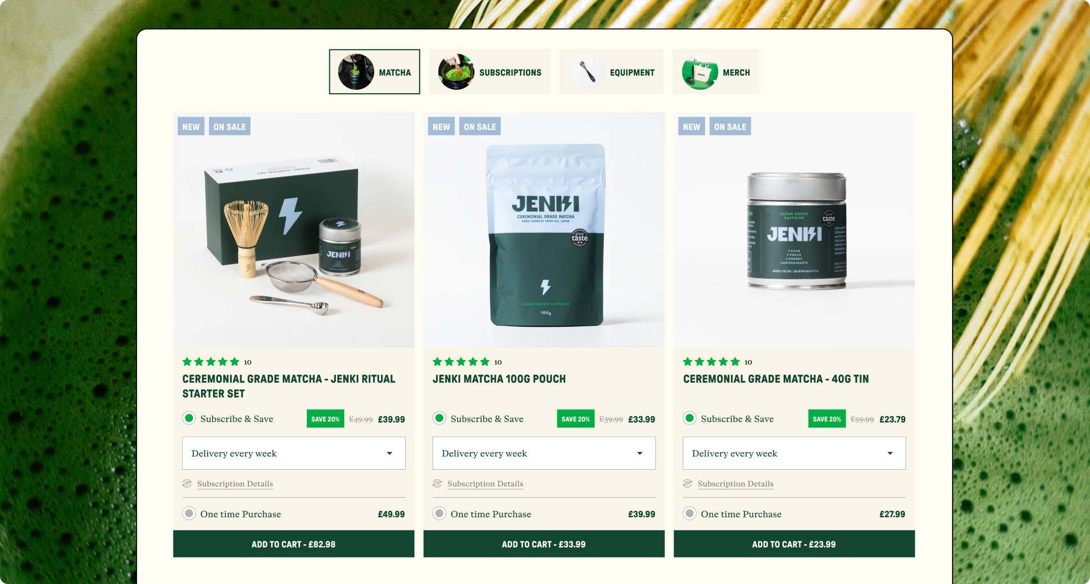 JENKI Shopify collection page showing matcha ritual sets