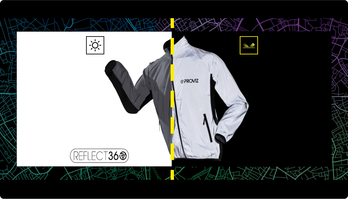 Proviz Reflect360 jacket shown in daylight and under light reflection