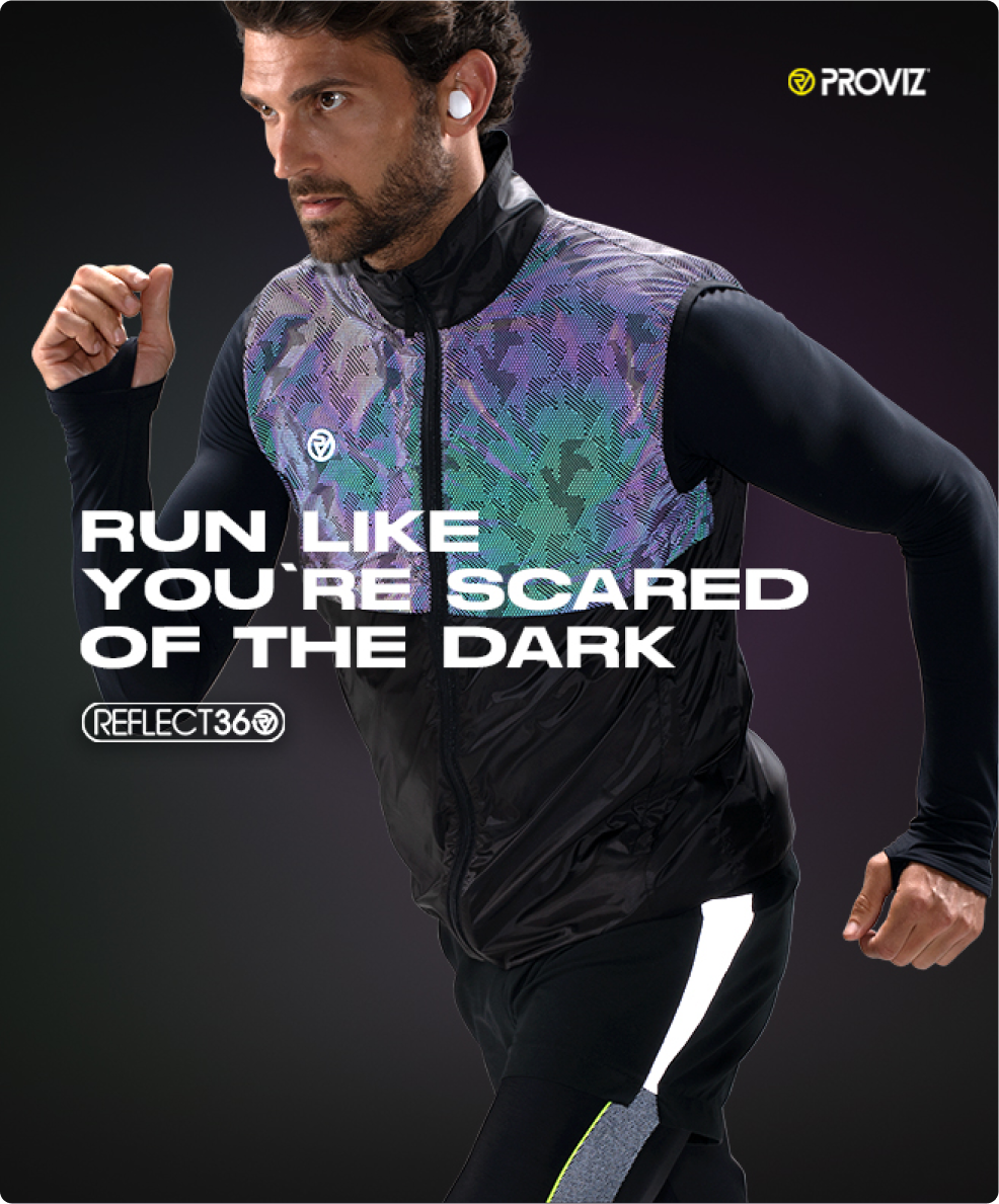 Proviz ad of a runner reading Run like you're scared of the dark