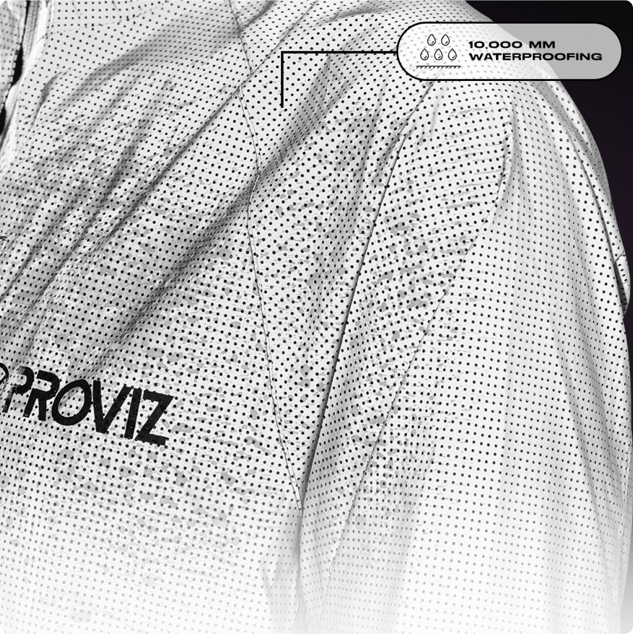 Close-up of Proviz reflective jacket fabric with a waterproofing callout