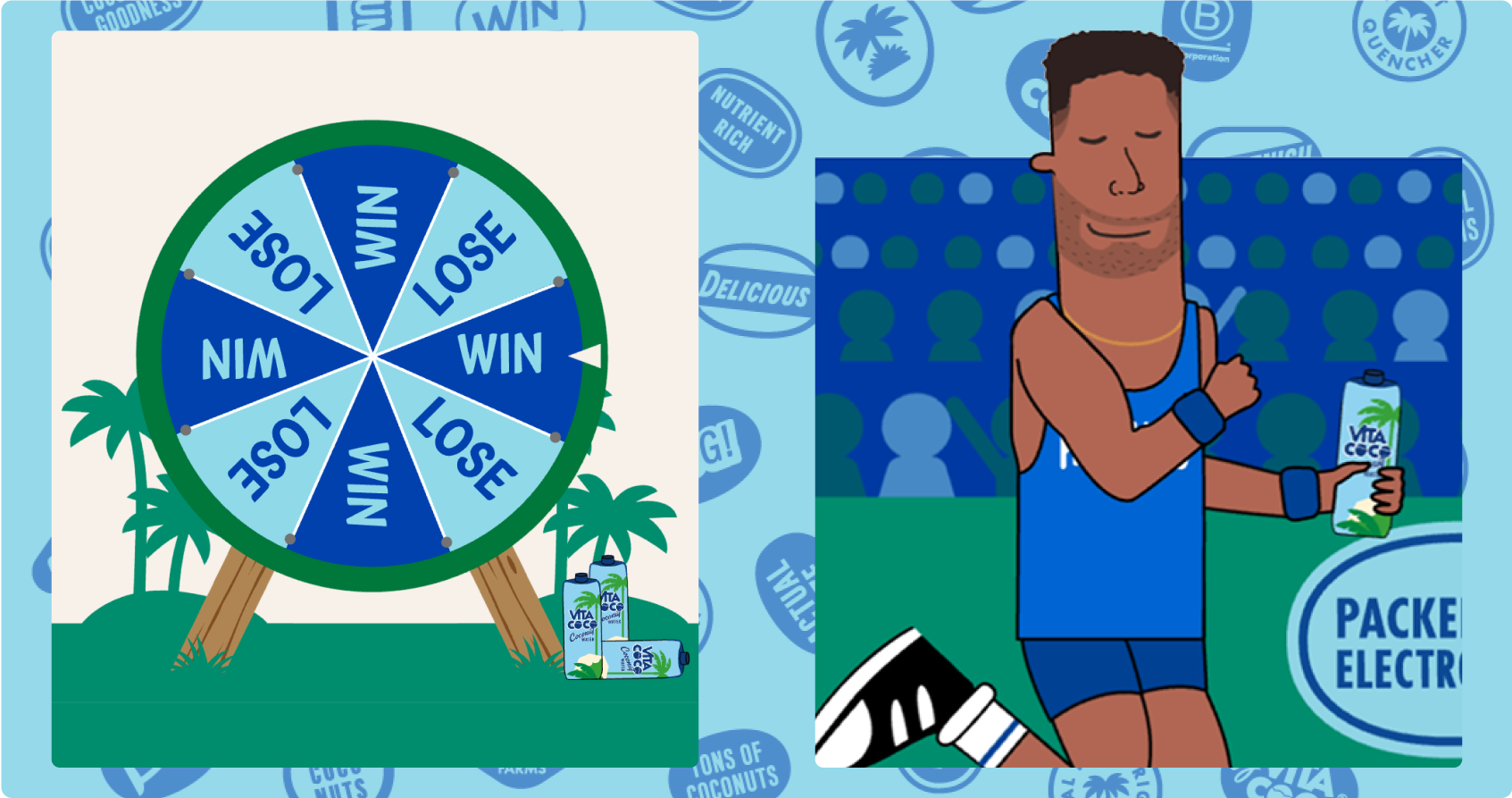 Vita Coco spin-to-win game screen and athlete illustration
