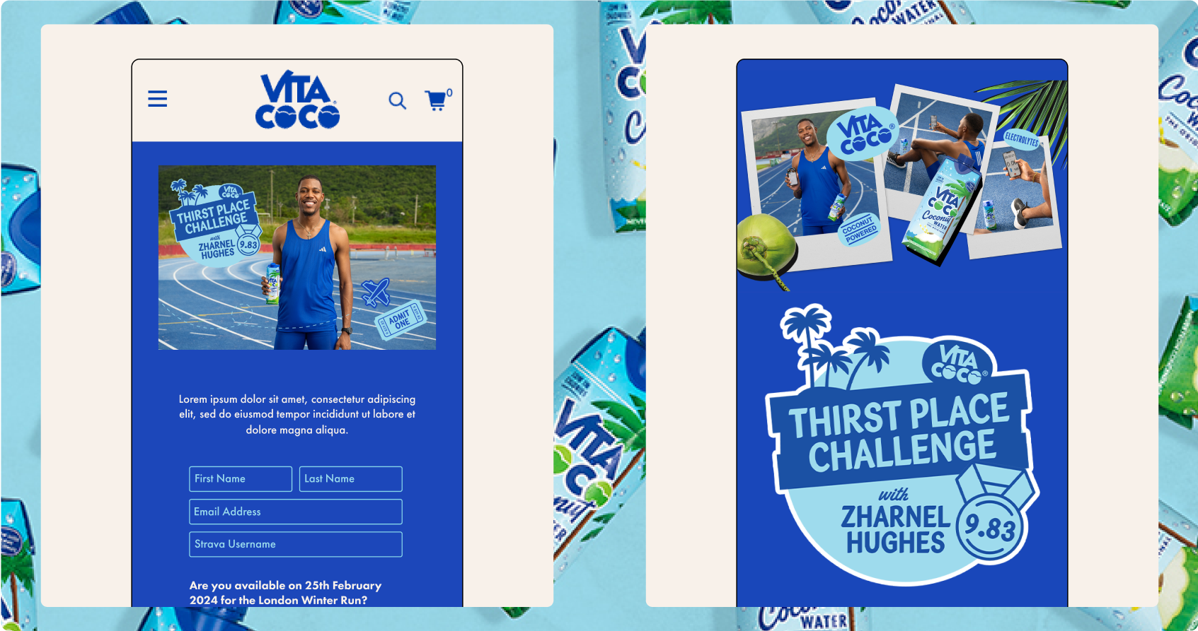Vita Coco Thirst Place Challenge campaign pages on desktop and mobile
