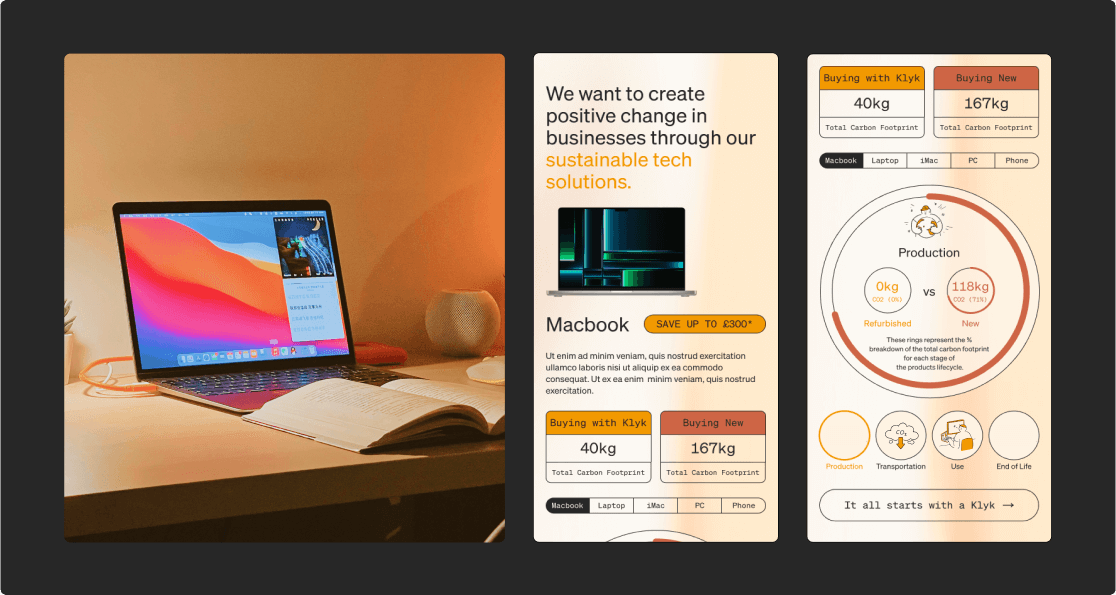 Klyk Shopify page designs on desktop and mobile