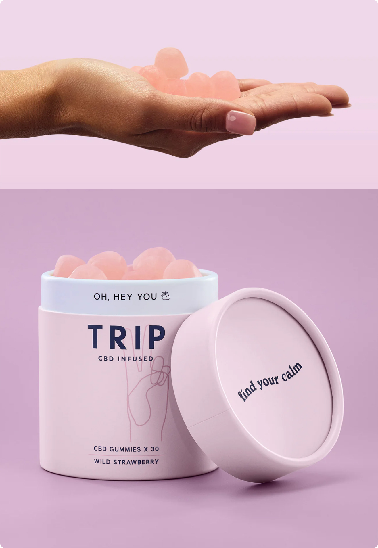 TRIP gummies tub with gummies in a hand