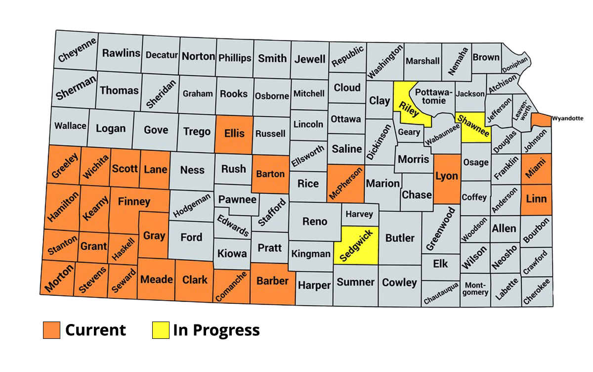 A map of the state of Kansas showing which counties currently have Nature Adventurepacks in their libraries.
