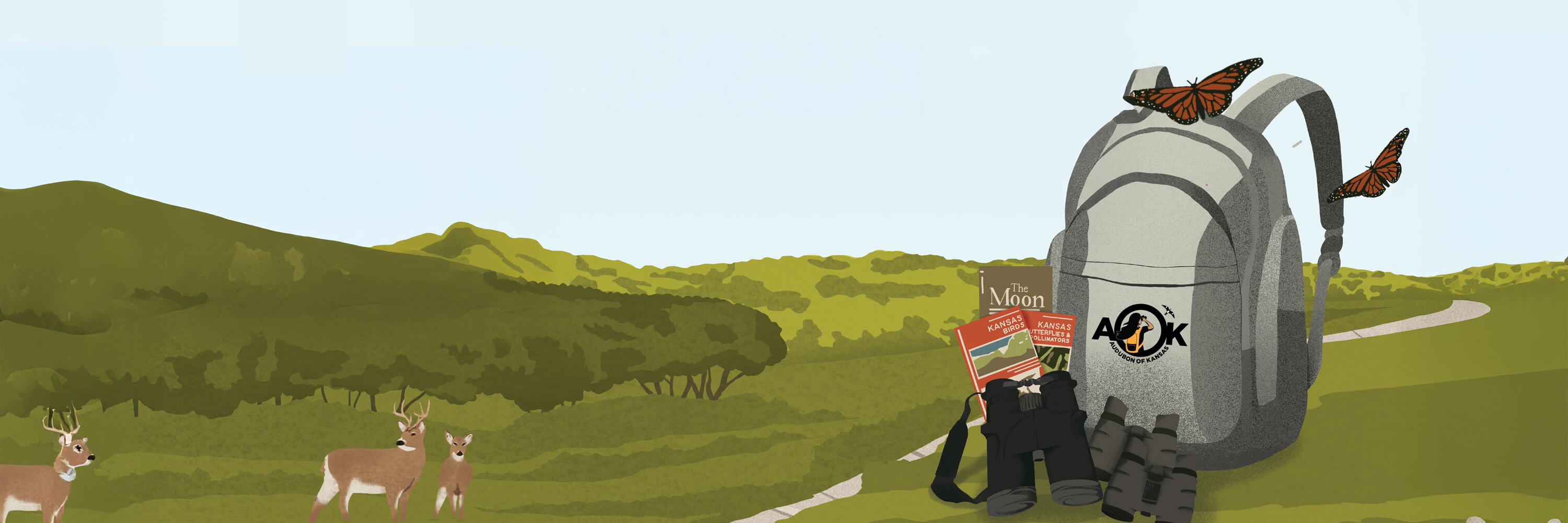 An illustration of an AOK adventurepack and some binoculars in a prairie landscape. Birds, butterlifes, and deer look on.