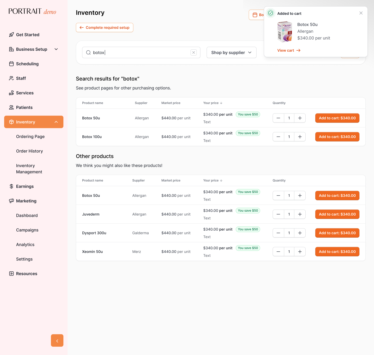 Marketplace screenshot with medical products after verification is completed