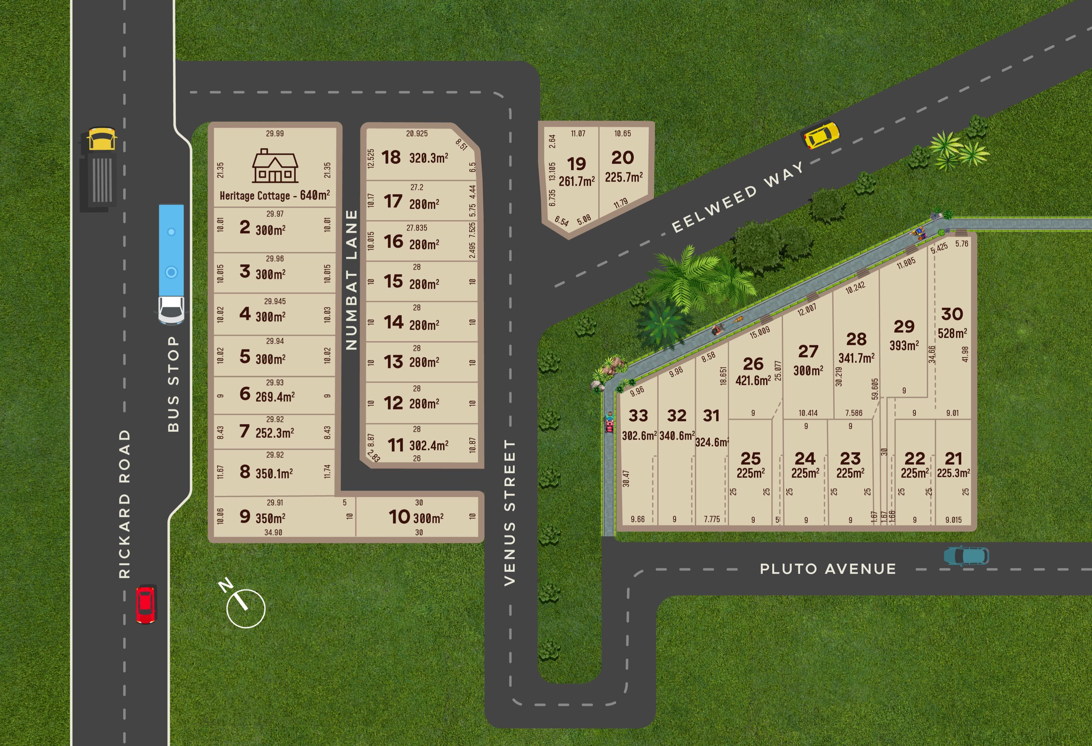 Site plan of Rickard Garden, a new real estate development in Leppington, showing land subdivisions with measurements, roads: Rickard Road, Venus Street, Pluto Avenue, and a planned bus stop