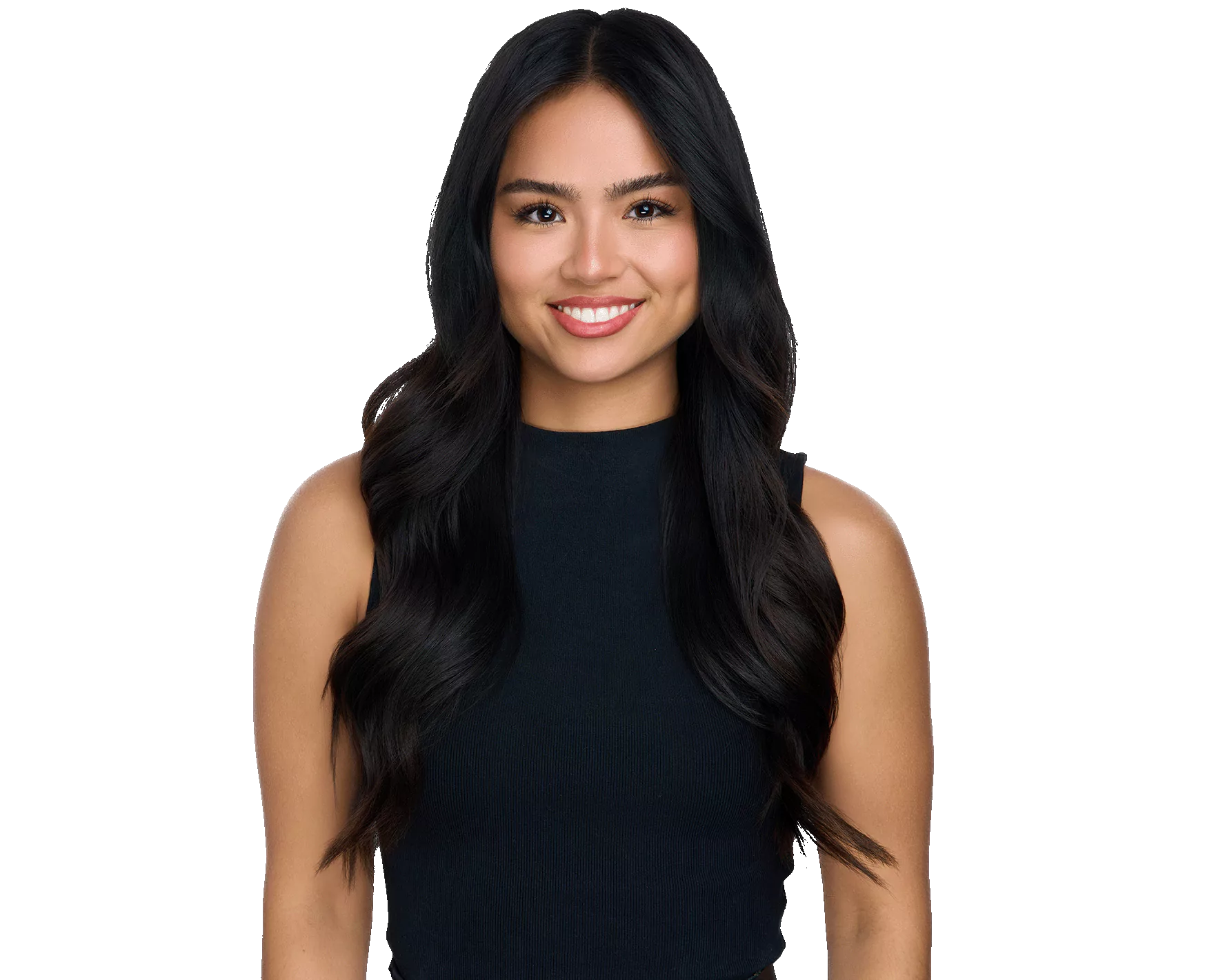 A woman wearing a black shirt and smiling.