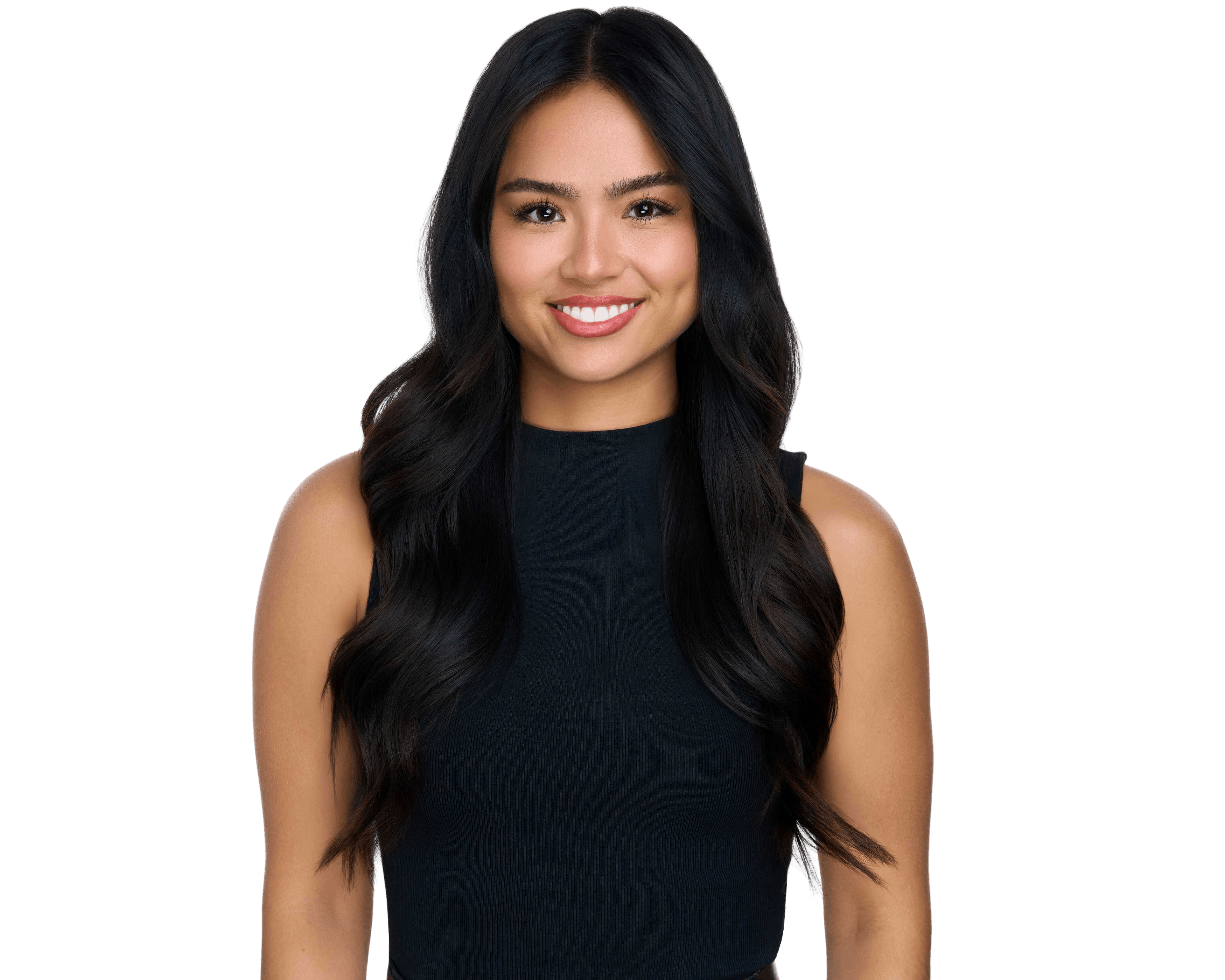 Smiling woman with long wavy black hair wearing a sleeveless black top.