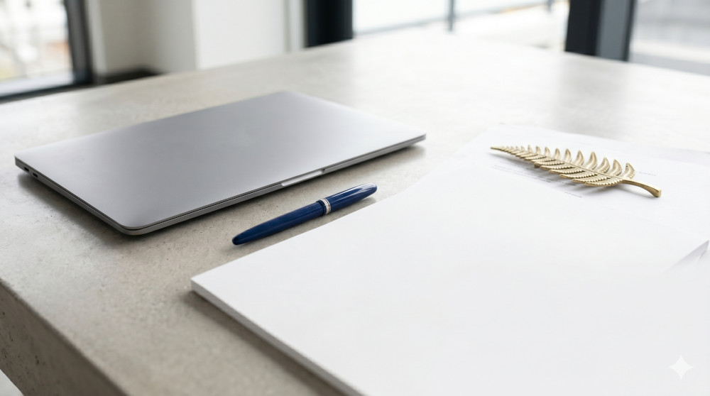 A closed silver laptop, a navy blue fountain pen, and a stack of white papers with a gold fern-shaped paperweight on a grey concrete desk.