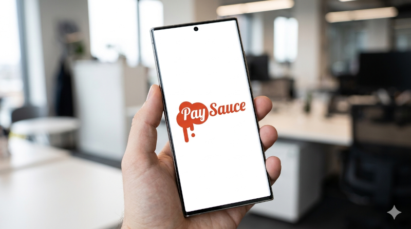 A person holding a smartphone displaying the PaySauce logo in a modern, blurred office environment.