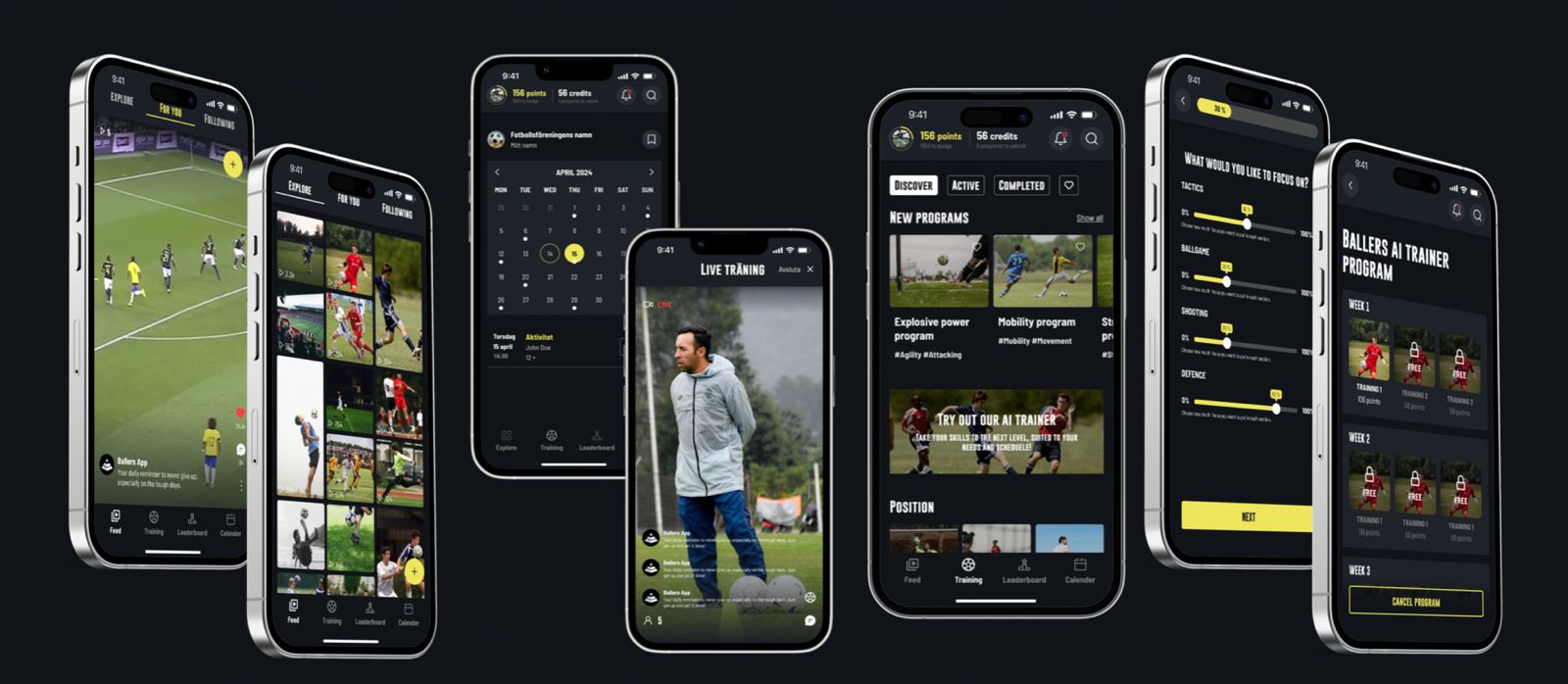 Ballers App virtual soccer training platform displayed on multiple smartphones, showcasing AI-powered training programs, live coaching, personalized drills, and tactical analysis for Osner’s FC Academy players.