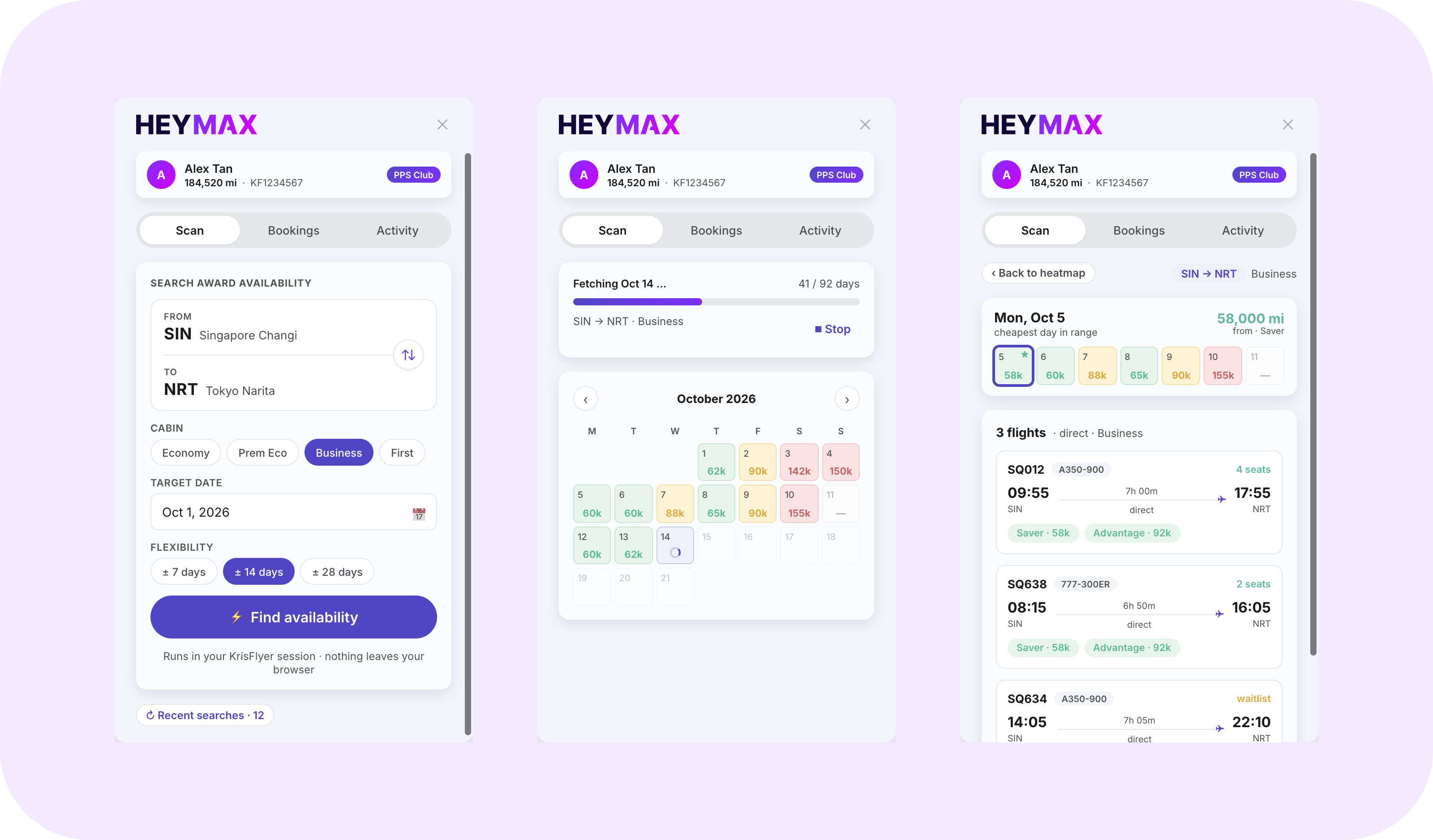 Award Companion showing award search setup, a month-long availability heatmap and flight results