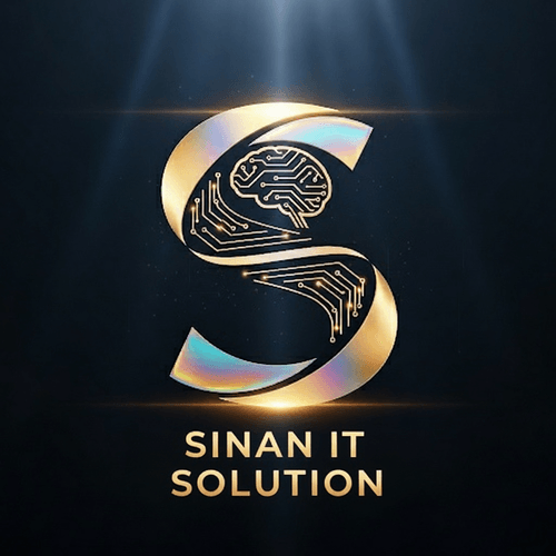Sinan IT Solution logo featuring a gold letter S with embedded circuit patterns on a deep blue background