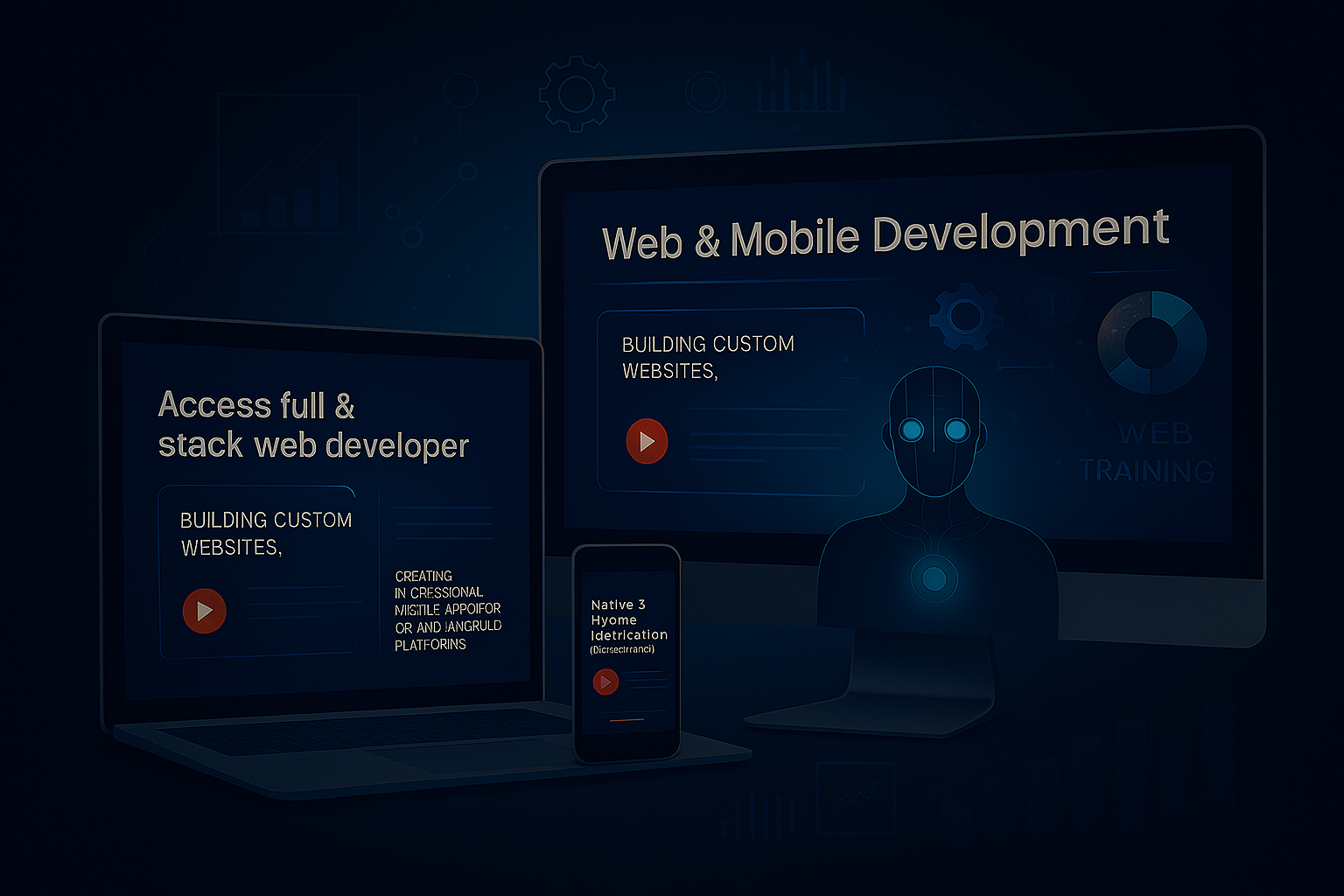 Illustration of custom web and mobile app development, featuring responsive design, user interface elements, and scalable architecture. for sinan it solutions
