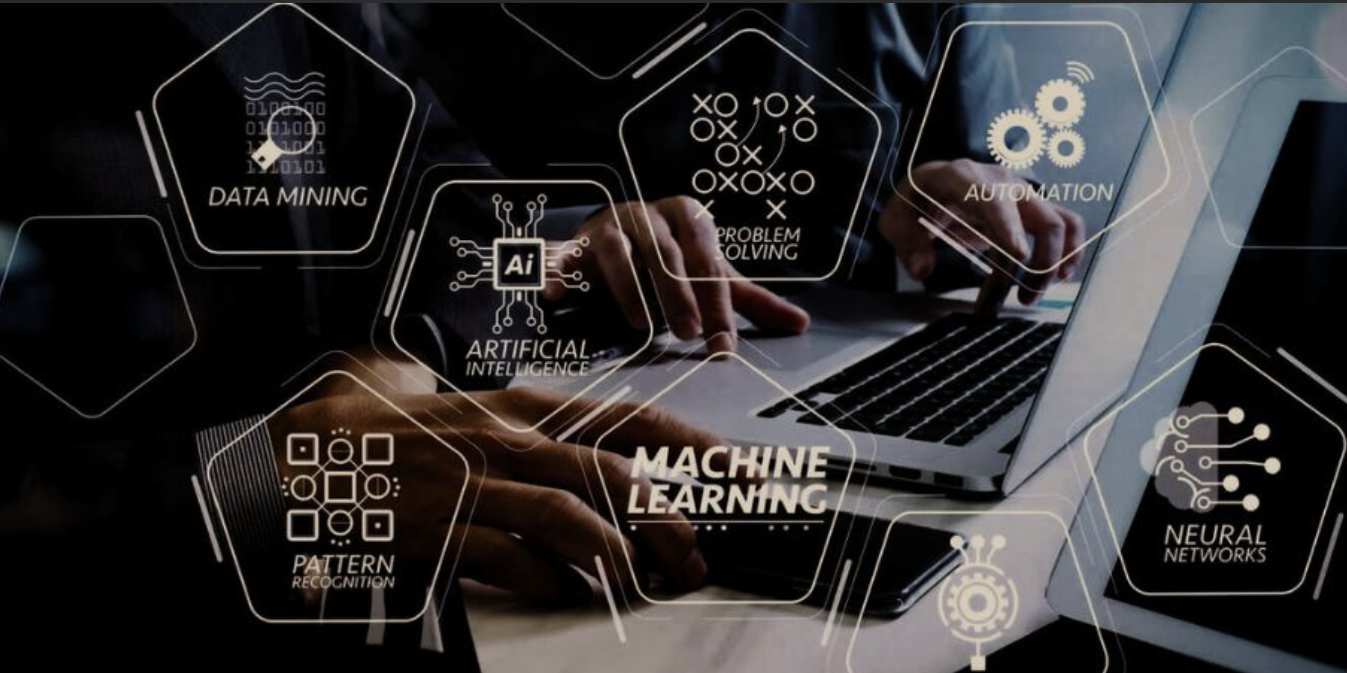 Illustration of machine learning technology with neural network visuals and intelligent automation concepts.