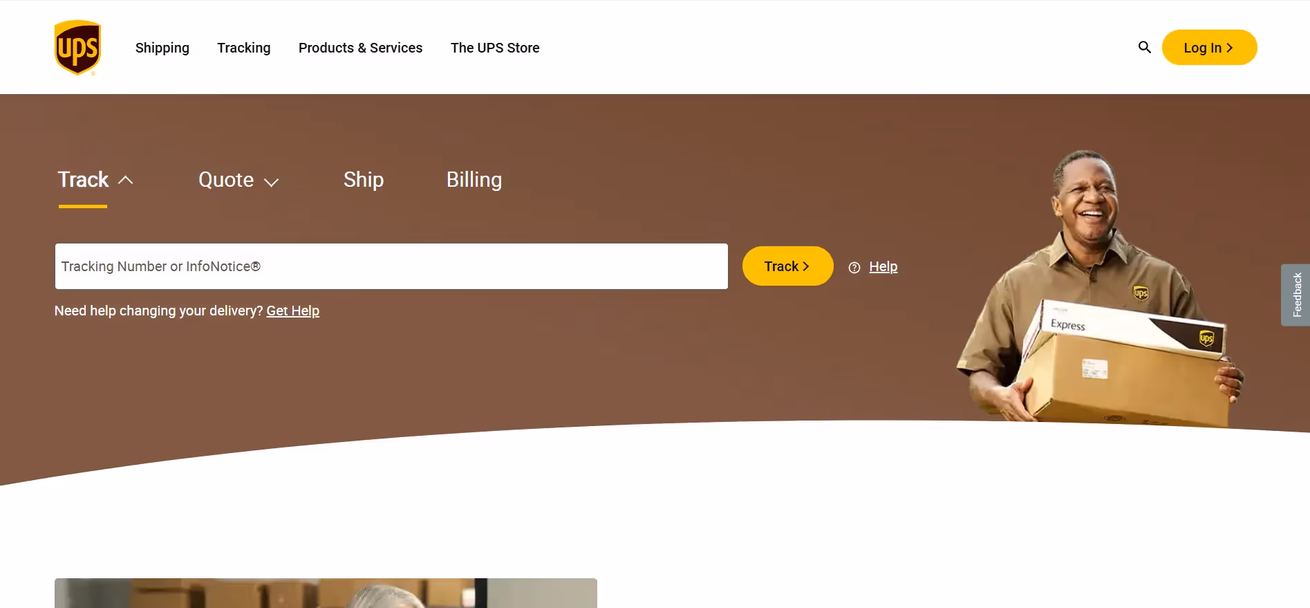 UPS homepage highlighting tracking, shipping, and delivery solutions with smiling UPS delivery person holding packages.