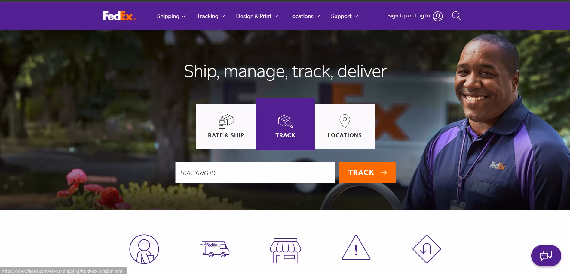 FedEx homepage showing shipping, tracking, and delivery services with smiling FedEx employee and tracking ID input.