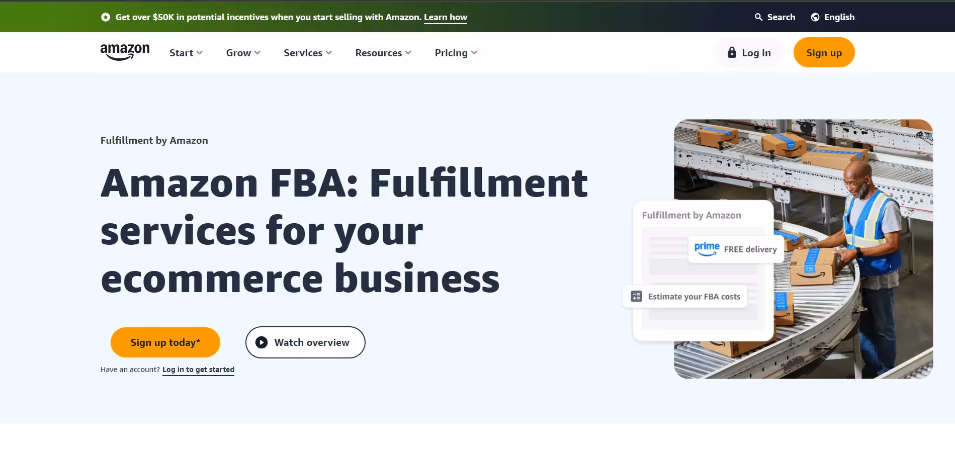 Amazon FBA homepage promoting fulfillment services for ecommerce sellers.