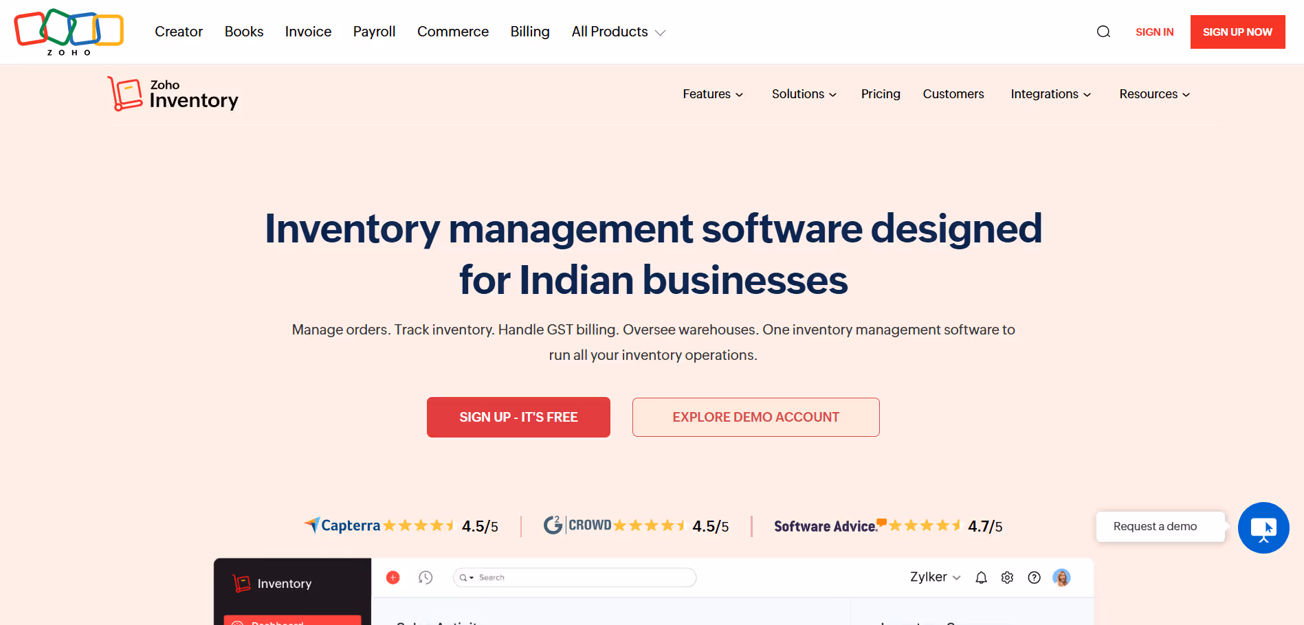 Zoho inventory homepage