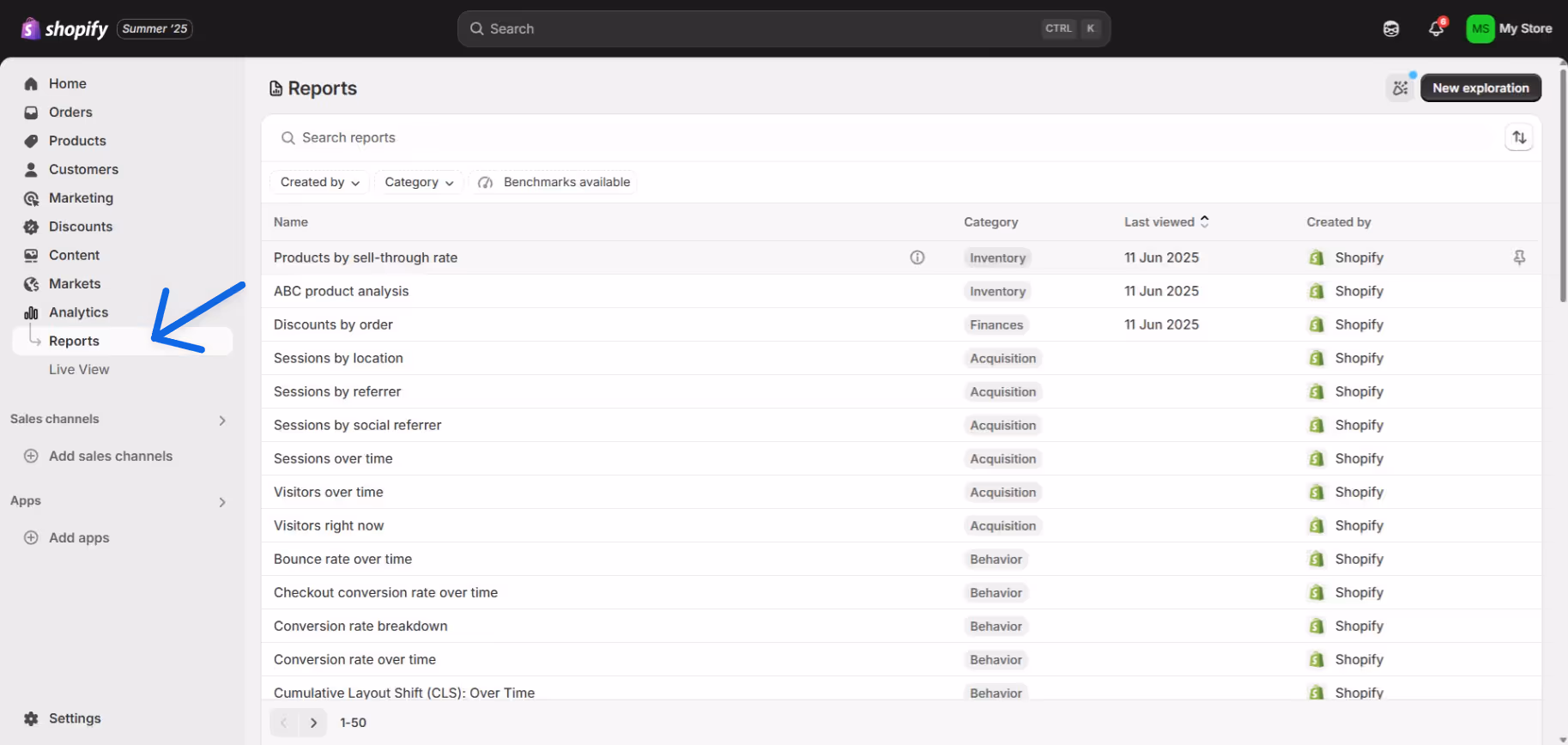Shopify reports page
