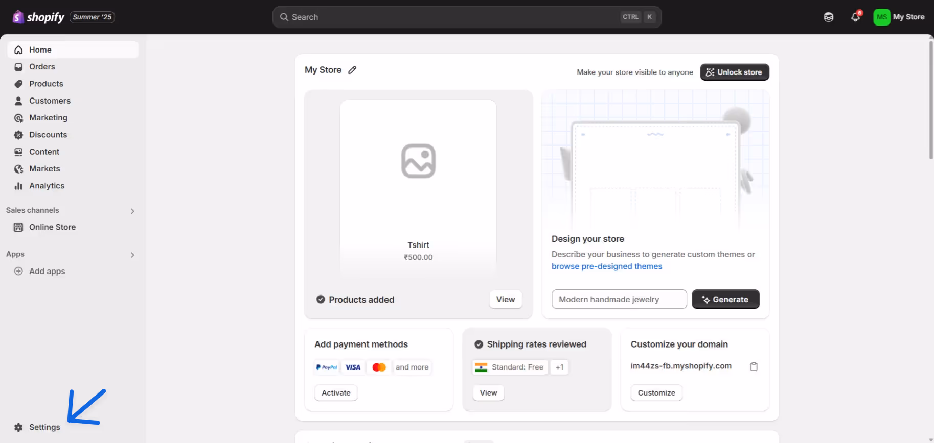 Shopify homepage with arrow pointing towards settings