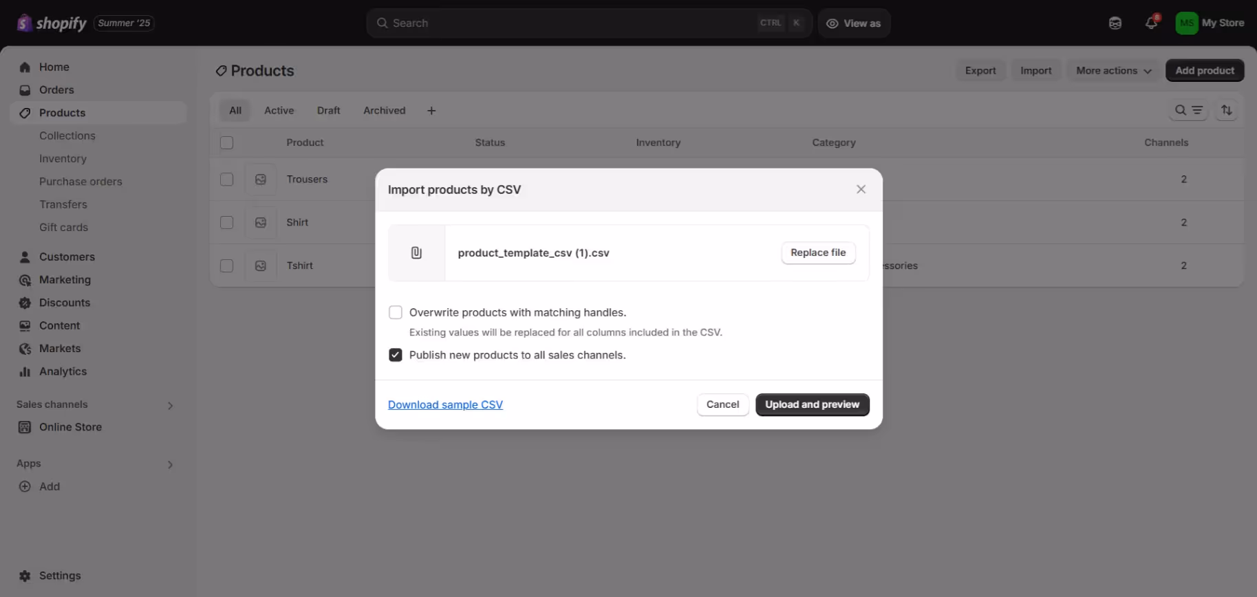 Shopify product page with upload csv option