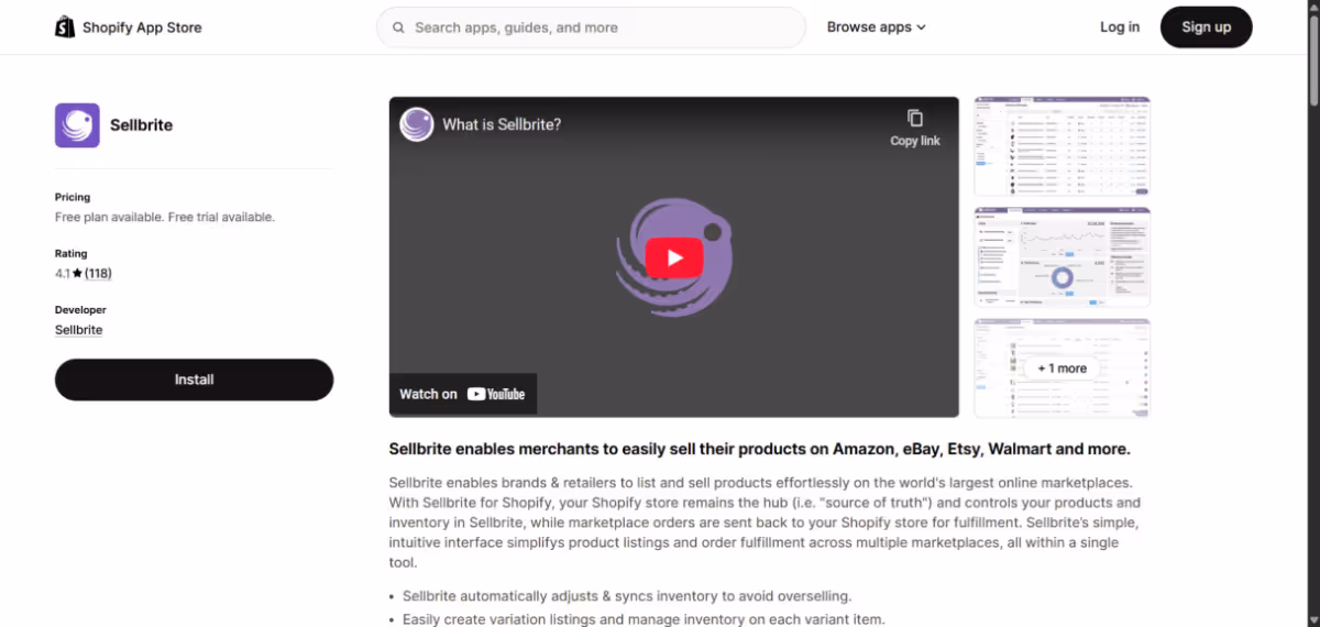 sellbrite shopify app store page