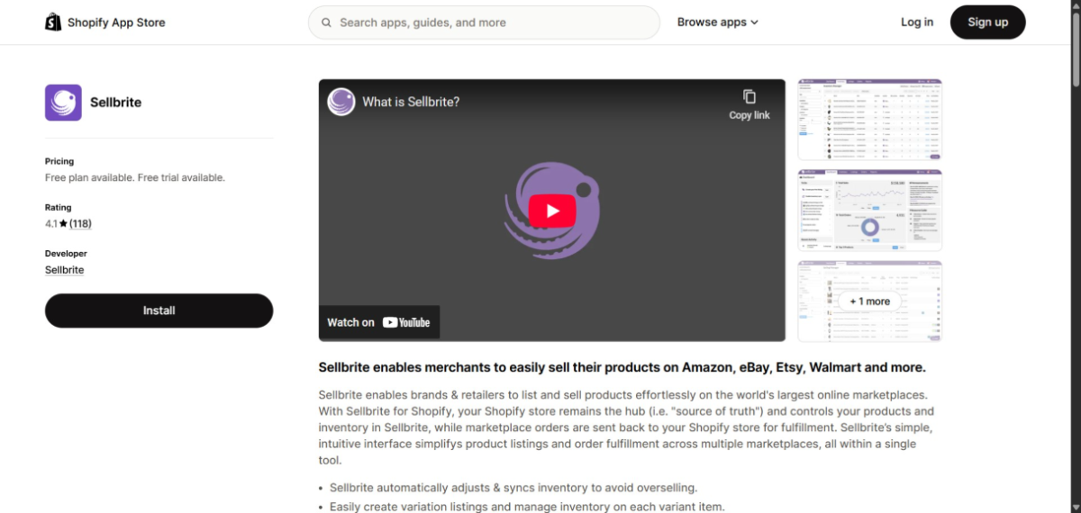sellbrite shopify app store page