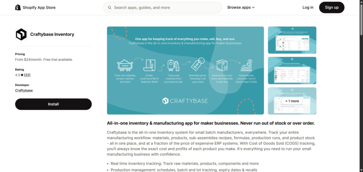 Craftybase shopify app store page