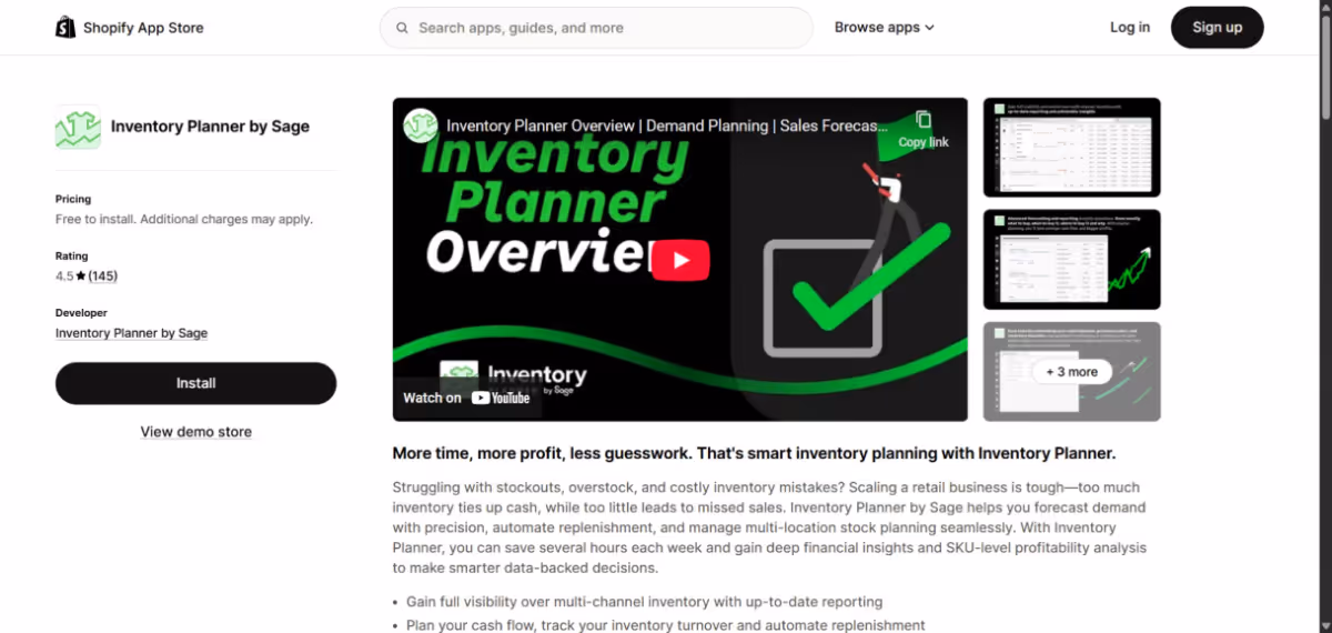 Inventory Planner Shopify app store page