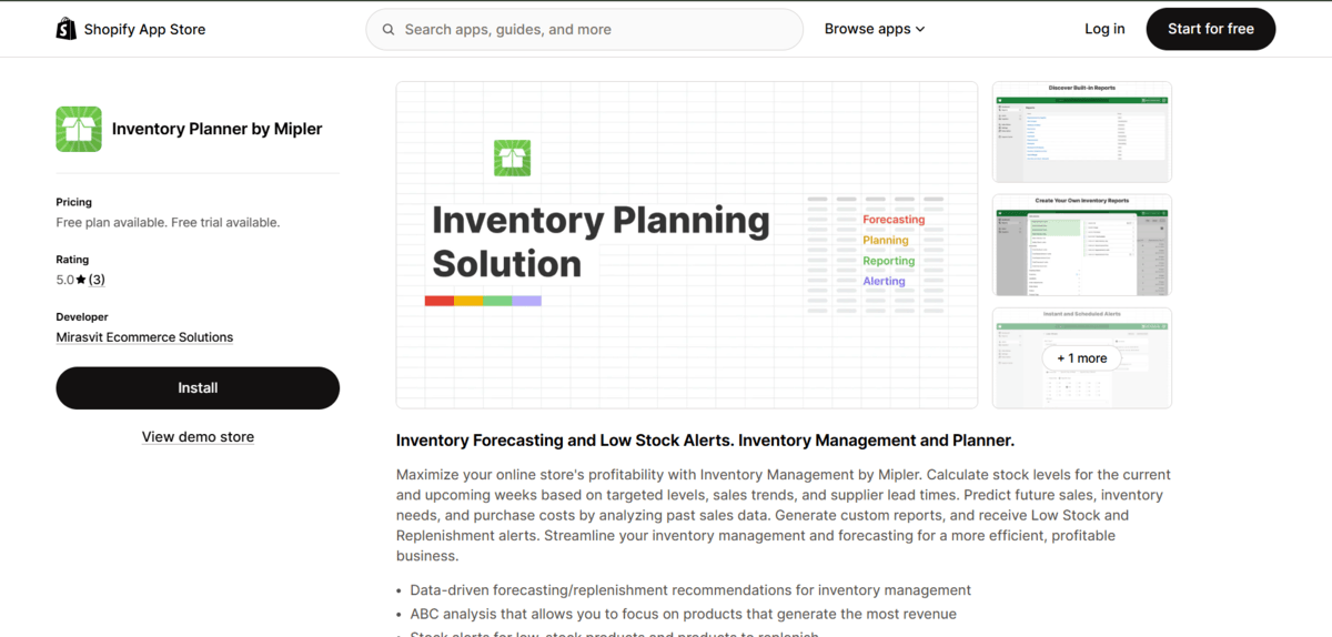 Inventory Planner by Mipler shopify app store page