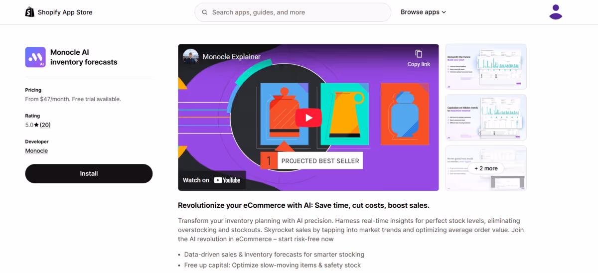 Monocle AI Shopify app store page 