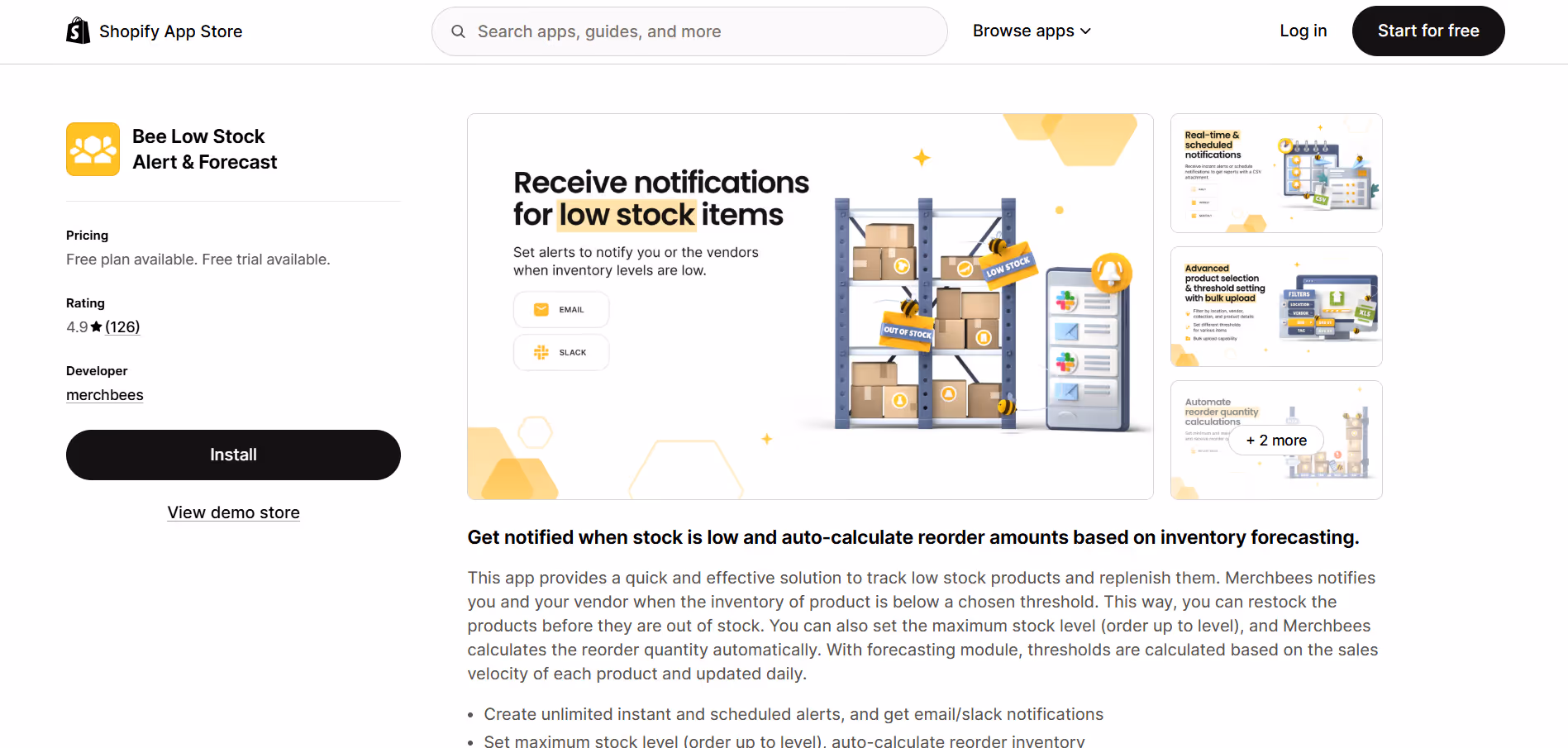Merchbees Low stock app homepage