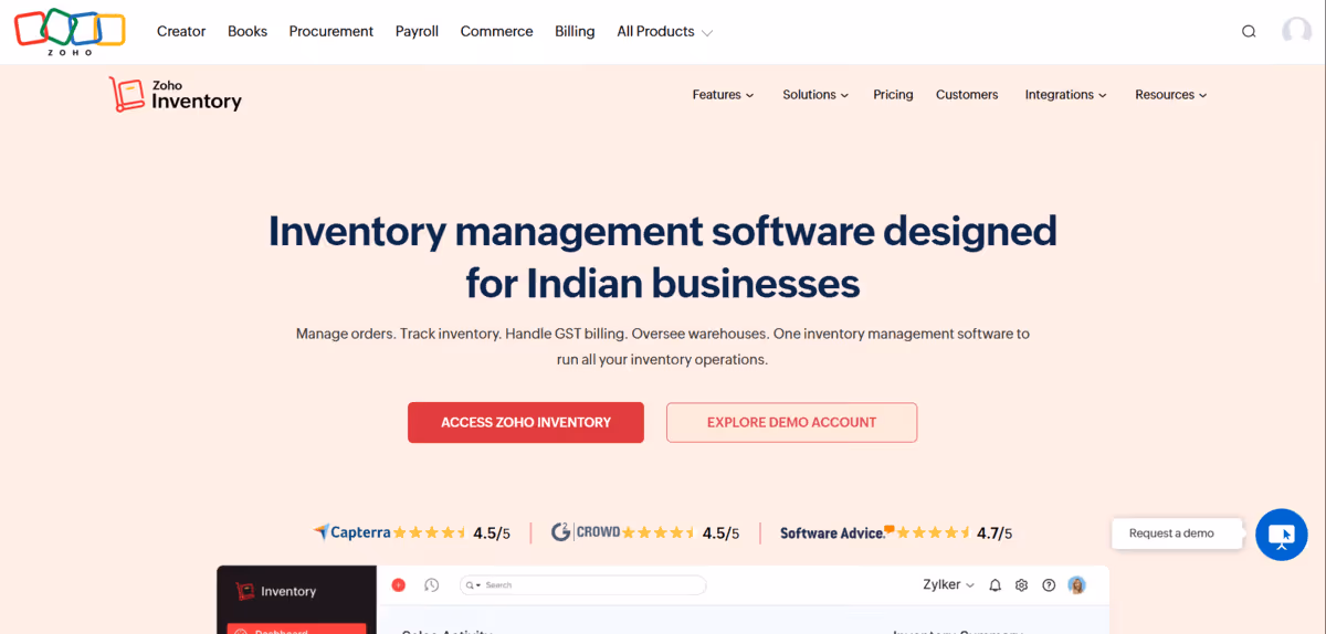 Zoho Inventory homepage