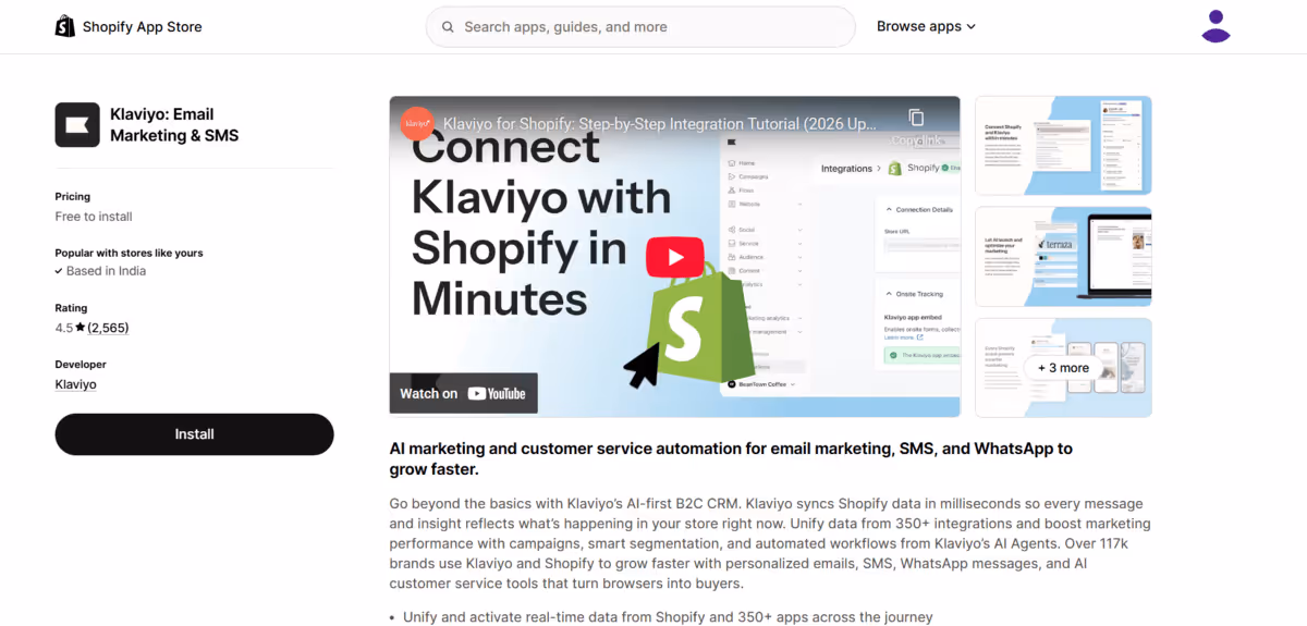 Klaviyo app store page