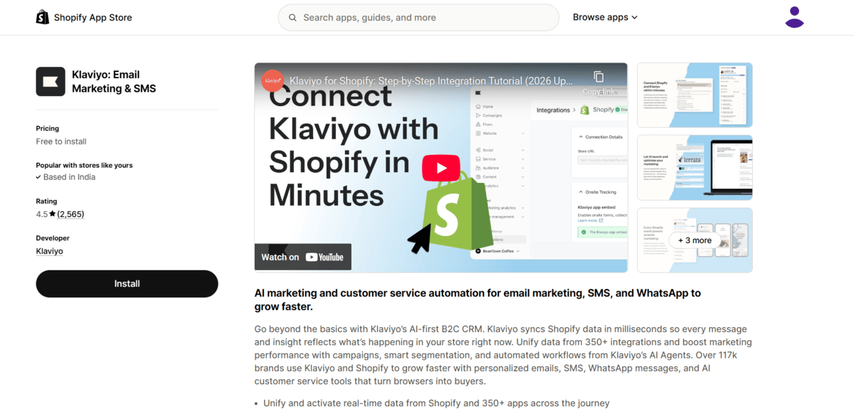 Klaviyo app store page