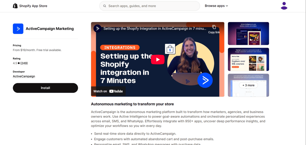 Active Campaign app store page